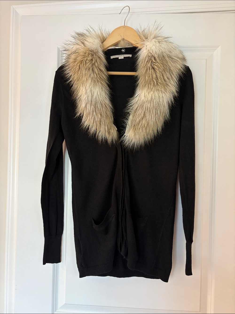 LOFT Black Cardigan with Faux Fur Collar